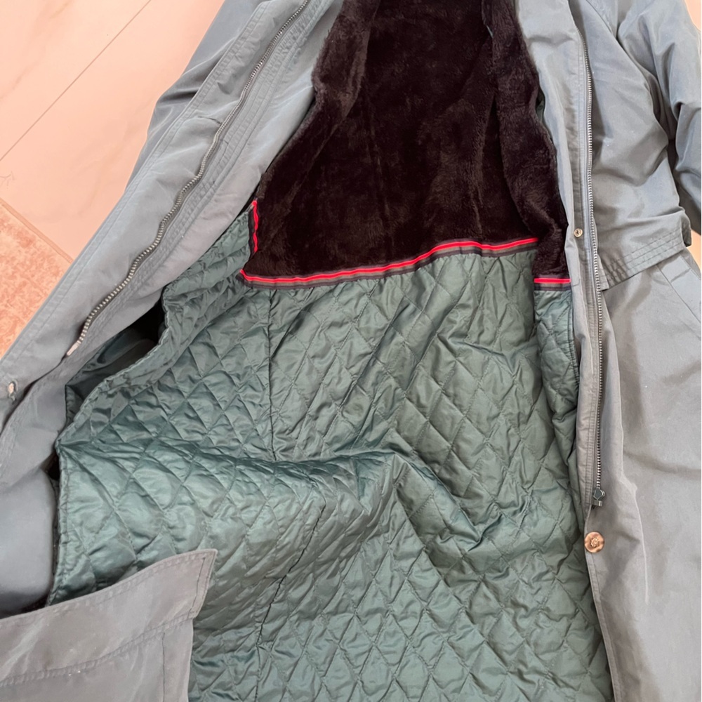 Teal green Long Hooded Coat with detachable Fur Trim - Picture 6 of 11